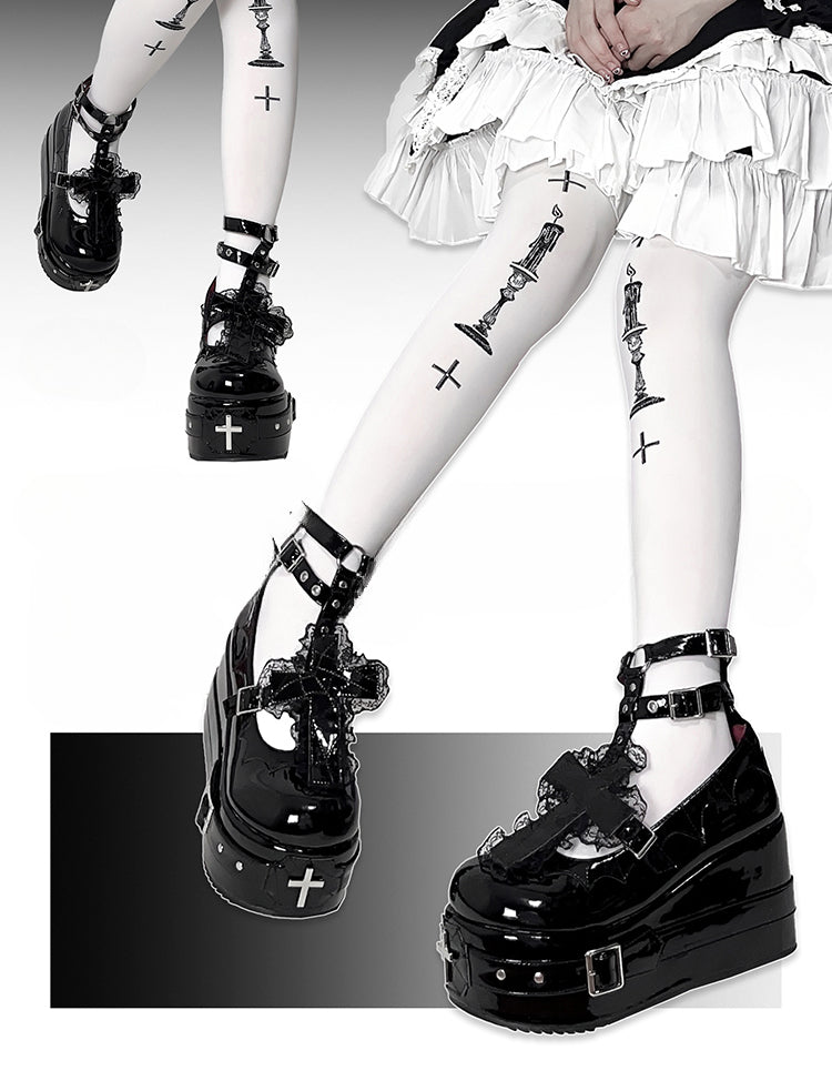Polished Black Gothic Lolita Lace Trim Cross Platform Shoes