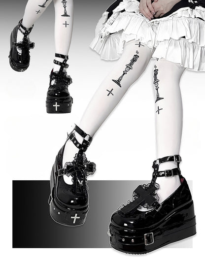 Polished Black Gothic Lolita Lace Trim Cross Platform Shoes