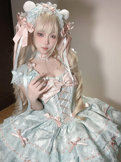 Lace Jacquard with Green Dress Princess Bow Lolita Details Multi-Layered