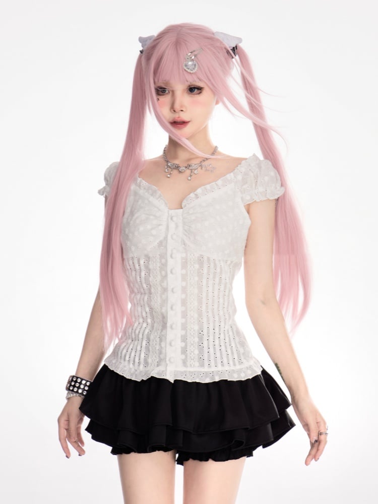 VネックTシャツ ホワイト オフショルダー ネックライン パフスリーブ スイート