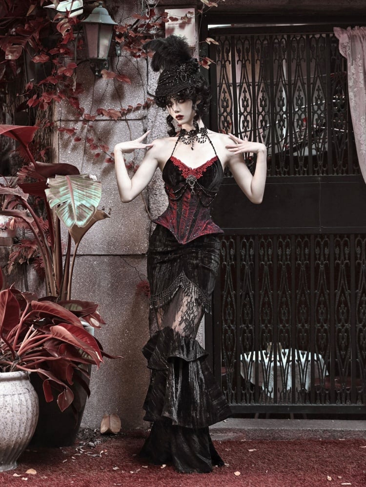 Goth Spiderweb Spitze Weinrot Vampir Korsett mit Knochen