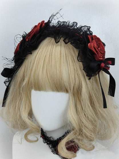 Red Lace Rose Hairband Trim Gothic Bow Wine
