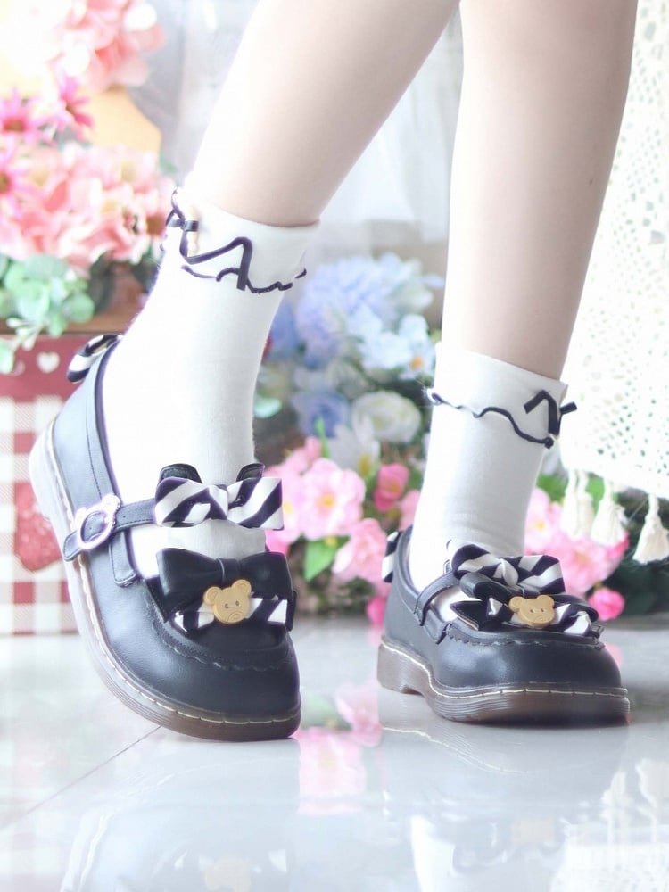 - with Flats Striped 2cm Black Leather Sweet Details PU Decor Bear and Bow Heel