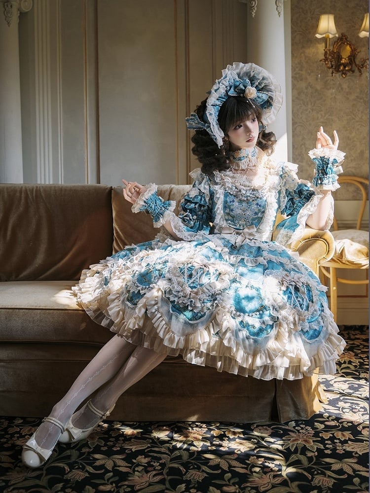 Floral Blue Edge with Hem Lolita Dress Print Scalloped Hime Lace