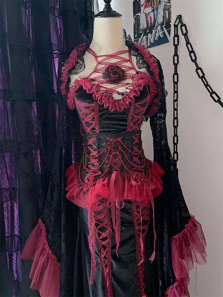 ブラックレッドレーストリムゴスコルセットベルト（ビーズチェーン付き）