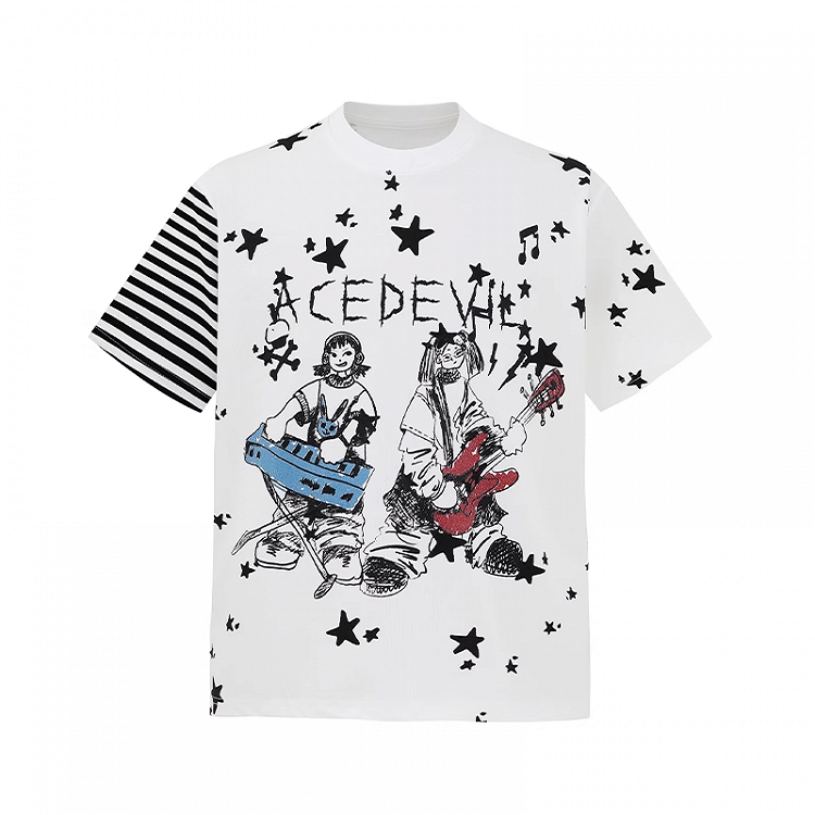 T-Shirt Loose Y2K Graffiti Print Rundhals Grau/Weiß