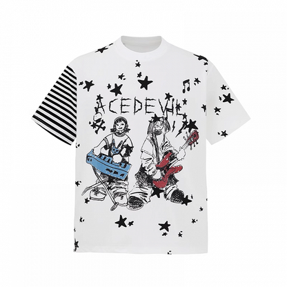 T-Shirt Loose Y2K Graffiti Print Rundhals Grau/Weiß