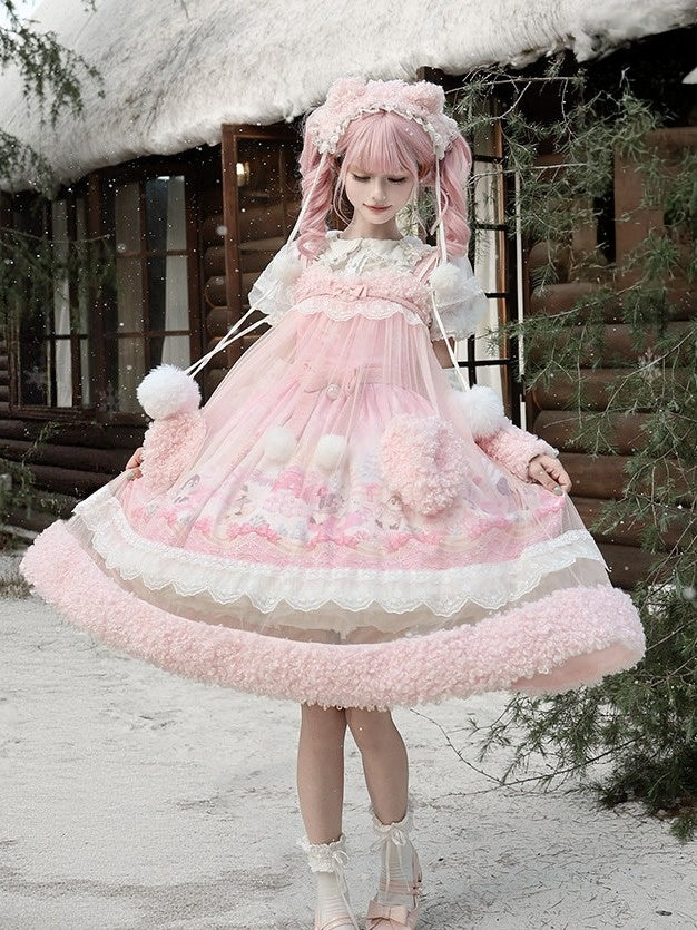 Pink Snow Theme Plush Heart Pocket Lolita Jumper Skirt Dress with Overlay - Lineall Cat