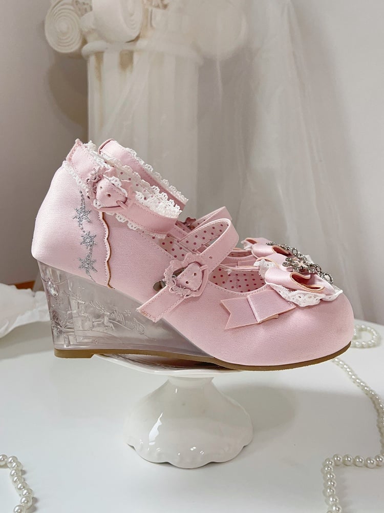 Pink Snow Embroidery Heart Buckle Shoes with Transparent Heel - Vintage Sweetheart