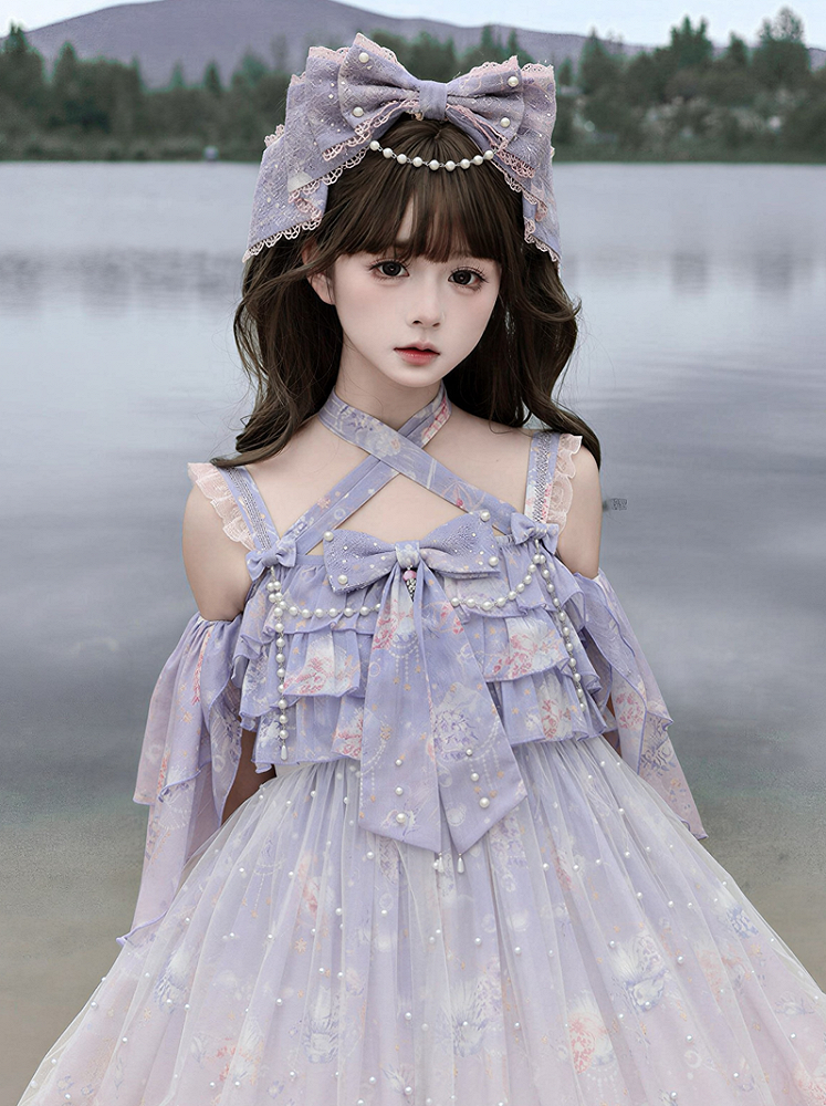 Black/Dark Blue/Light Purple Sweet Lolita Large Bow Hairclip with Bead Chain - Meng Fu Zi