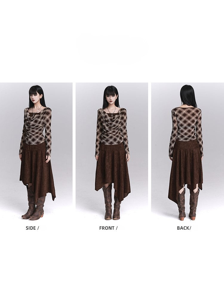 Plaid Cowl Two-Piece Neck Faux Coffee for with Top Autumn Early