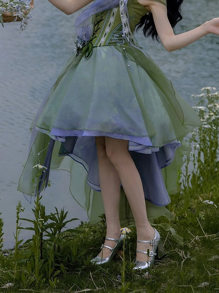 Elegant Green Layered High-Low Skirt - Zao Jing Ji