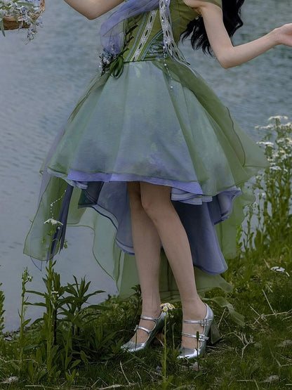 Elegant Green Layered High-Low Skirt - Zao Jing Ji