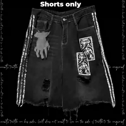 Embellished Distressed Holes Stripes Raw Hem Appliques Black  White Denim Shorts