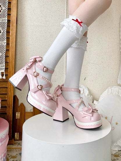 Shoes at - High Bow Platform Sweet PU Straps Lolita Top Beaded Block Decor Crisscross Heel Pink
