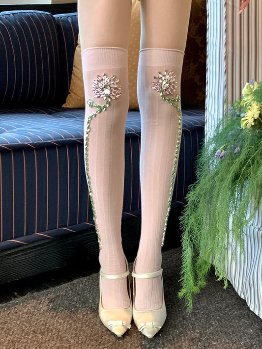 Over-knee Pink/White Rhinestone Floral Decorated Stockings