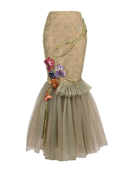 蝶と花柄のグリーンフォレストフェアリーゴスダブルレイヤーチュールヘムマーメイドスカート