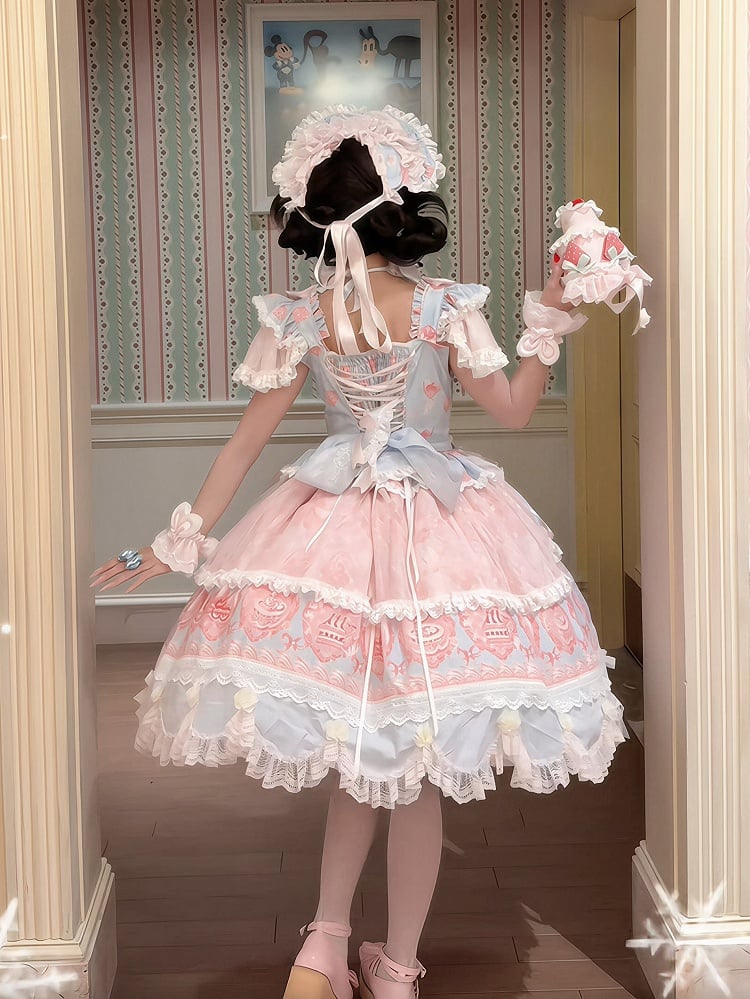 Blue & Pink Strawberry Cake Print Flutter Sleeve Lolita JSK - Ball Lolita