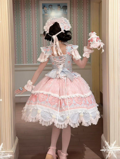 Blue & Pink Strawberry Cake Print Flutter Sleeve Lolita JSK - Ball Lolita
