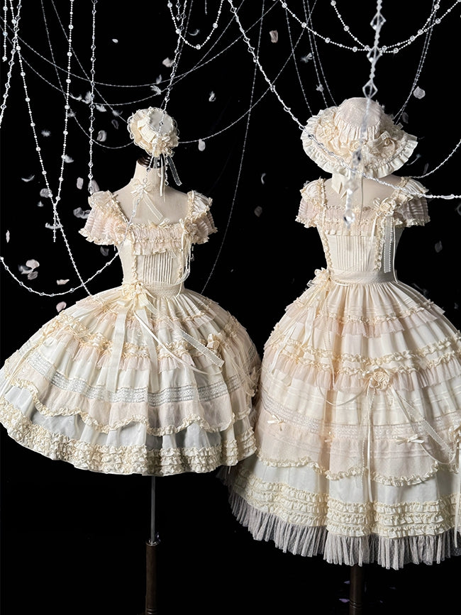 Pleating Details Classic Ruffle Trims Lolita Dress and Elegant Beige