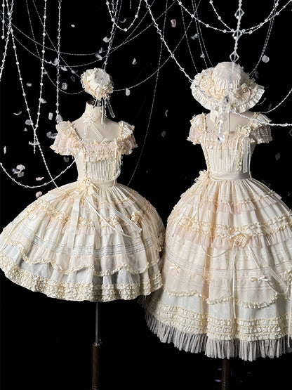 Pleating Details Classic Ruffle Trims Lolita Dress and Elegant Beige