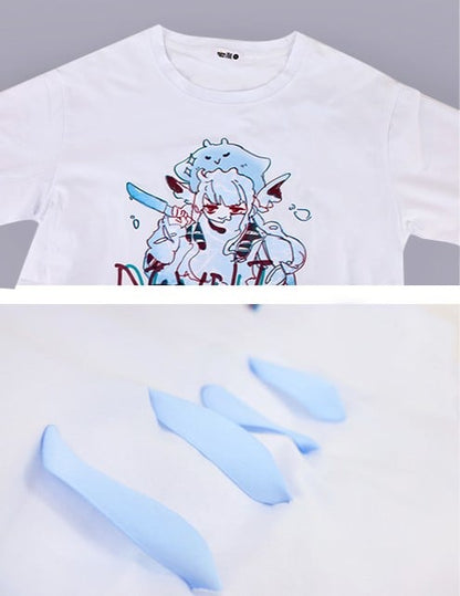 Tenshi Trim Graphic Cartoon Tee Blue Decorative Devilfish Kaiwai with Eyelet Light