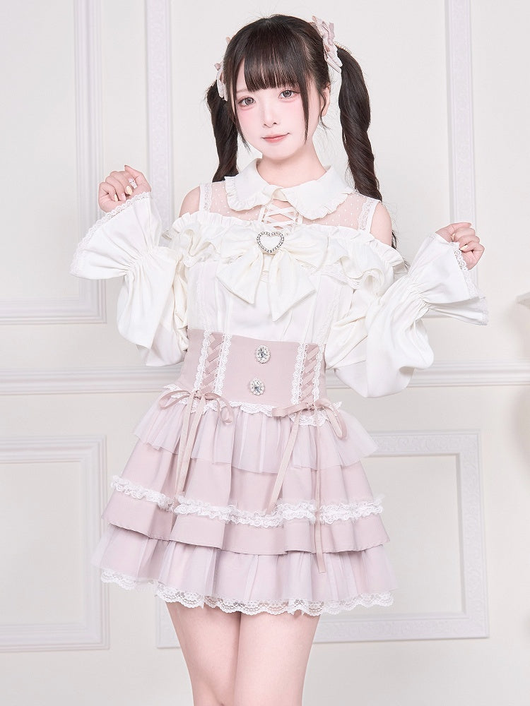 Kei Bluse Ärmel Kalte Schulter Ausschnitt Weiß Lang mit Jirai Illusion Top
