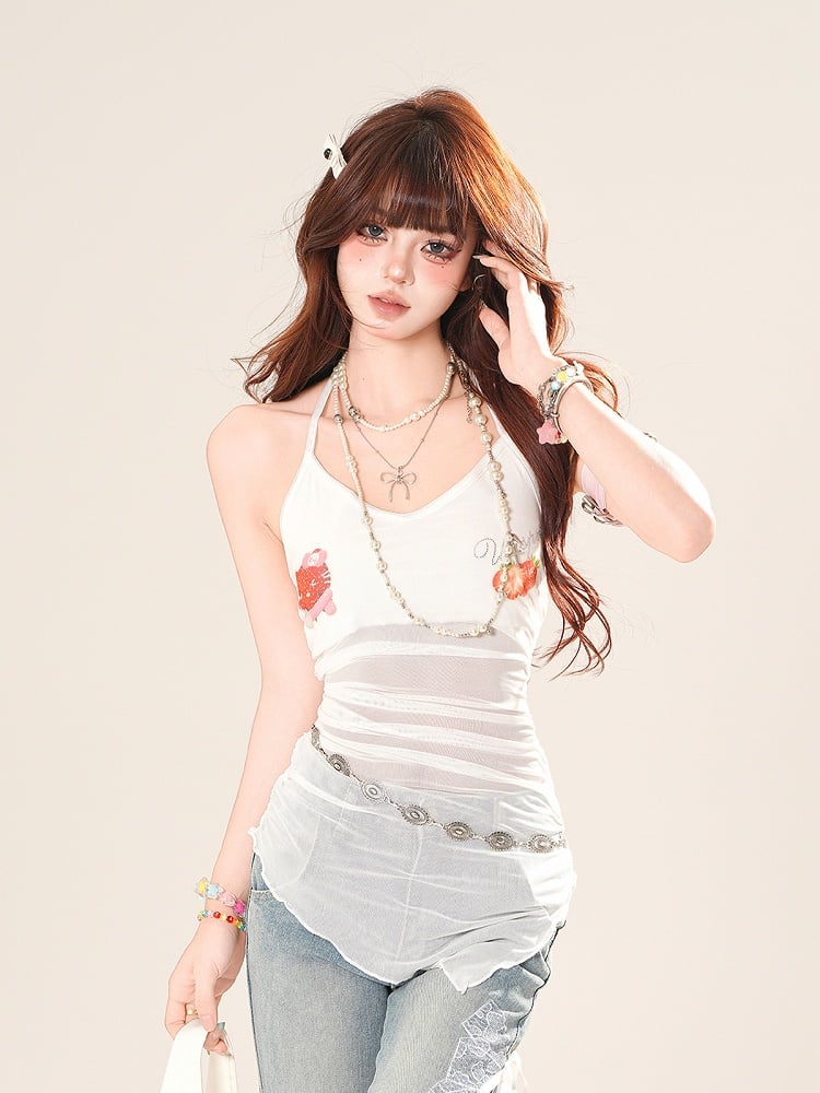 ホルターネック メッシュヘム ストロベリープリント ホワイト アシンメトリートップス スイート