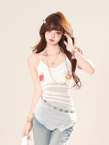 ホルターネック メッシュヘム ストロベリープリント ホワイト アシンメトリートップス スイート