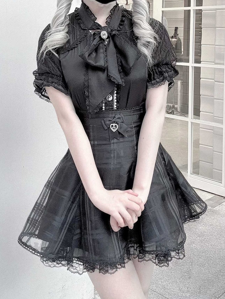 Neckline Chiffon Blouse Black Bow Kei Jirai with and Self-tie Fabric Style Lace