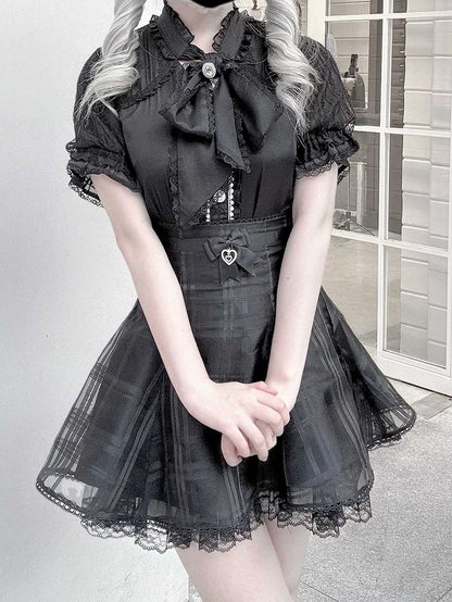 Neckline Chiffon Blouse Black Bow Kei Jirai with and Self-tie Fabric Style Lace