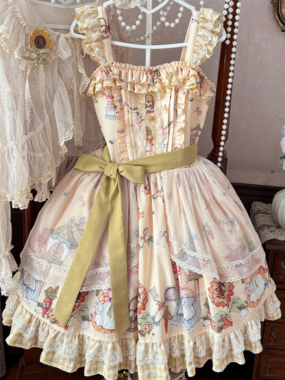Lolita Overlay Sweet Plaid Bunny Print with and Yellow Dress JSK Sunflower Hem