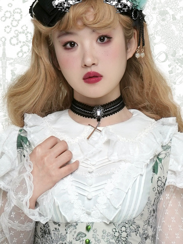 Cross Rhinestone-Accented with Pendant Lace Blue/Black/Red Choker Dark