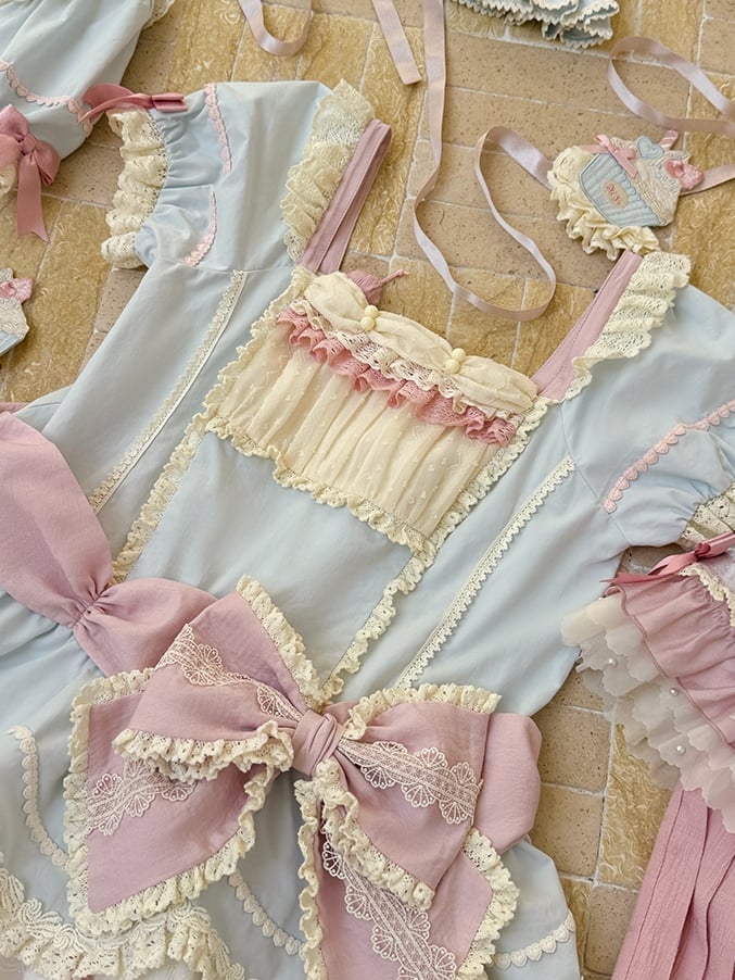 Waist Dropped Blue Sweet Bowknot Hem Dress Layered Details Lolita and Pink