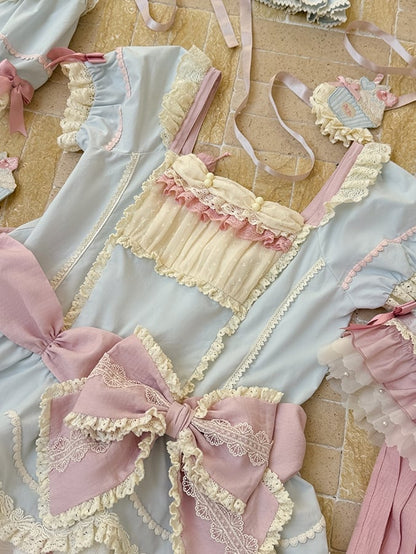 Waist Dropped Blue Sweet Bowknot Hem Dress Layered Details Lolita and Pink