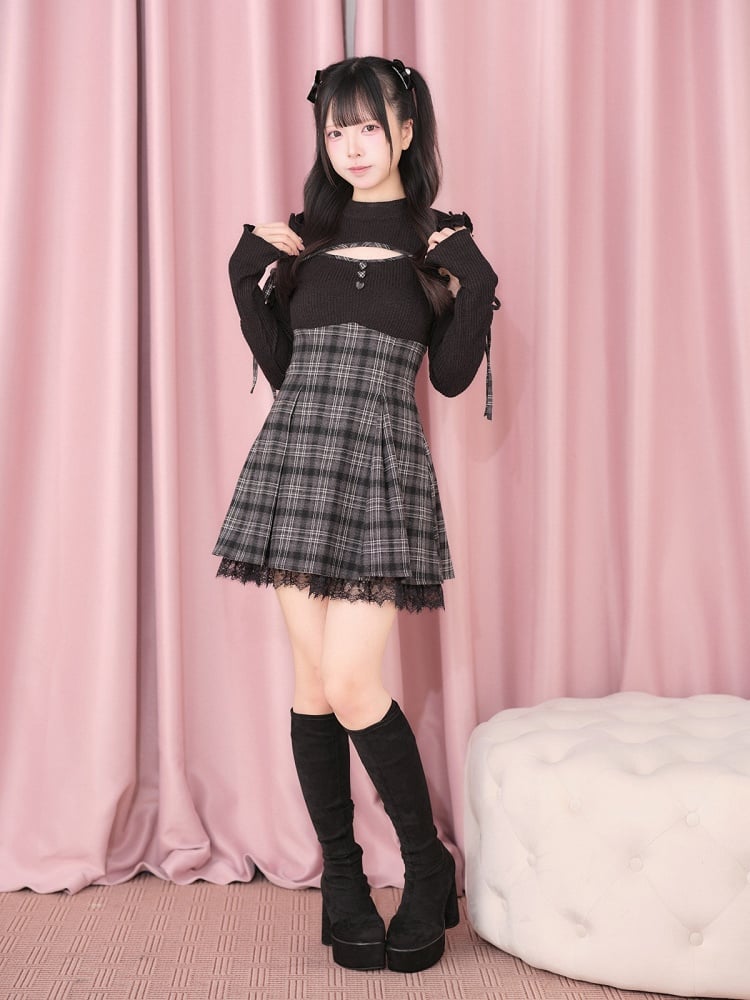 Black Cut-Out Shoulder Knit Plaid Dress with Lace Trim - No Genki