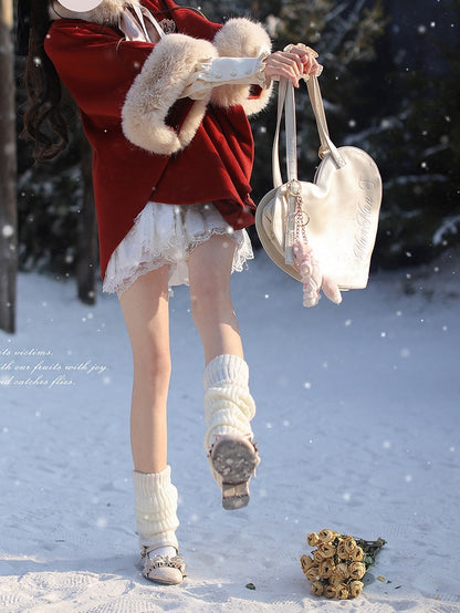 Red Wool Cape Coat with Shaggy Collar and Cuffs
