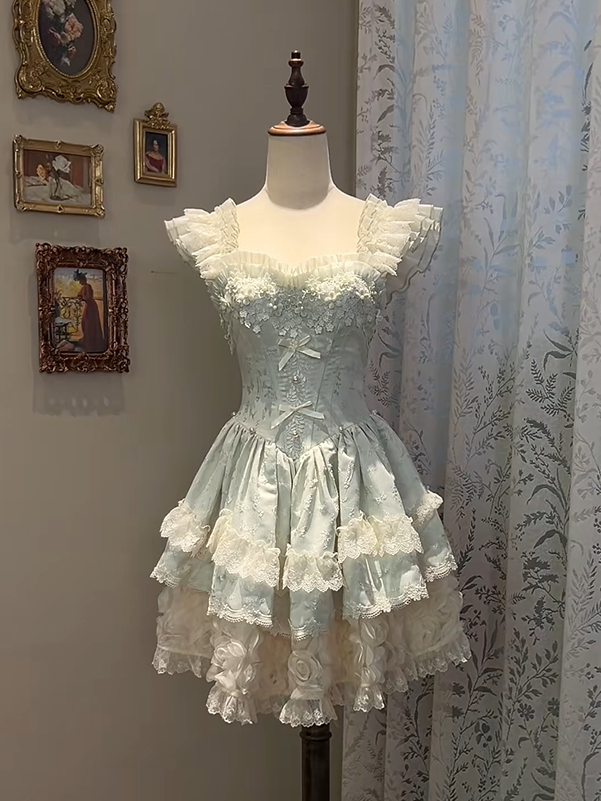 Flower with Lolita Jacquard Green Accents Layered Dress Lace Blooming Hime Mint Basque Waist Fluffy