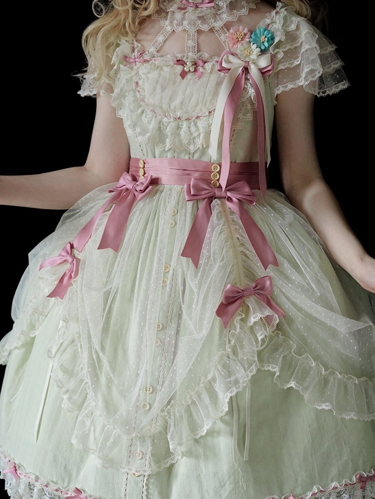White Version Short Lolita Bow Tulle Accents with Overlay Pink