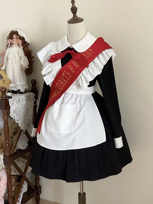 Red Black Bow Full Pleated Embroidered Maid Tie Ribbon with Sleeves Set + Lolita Apron Long Dress