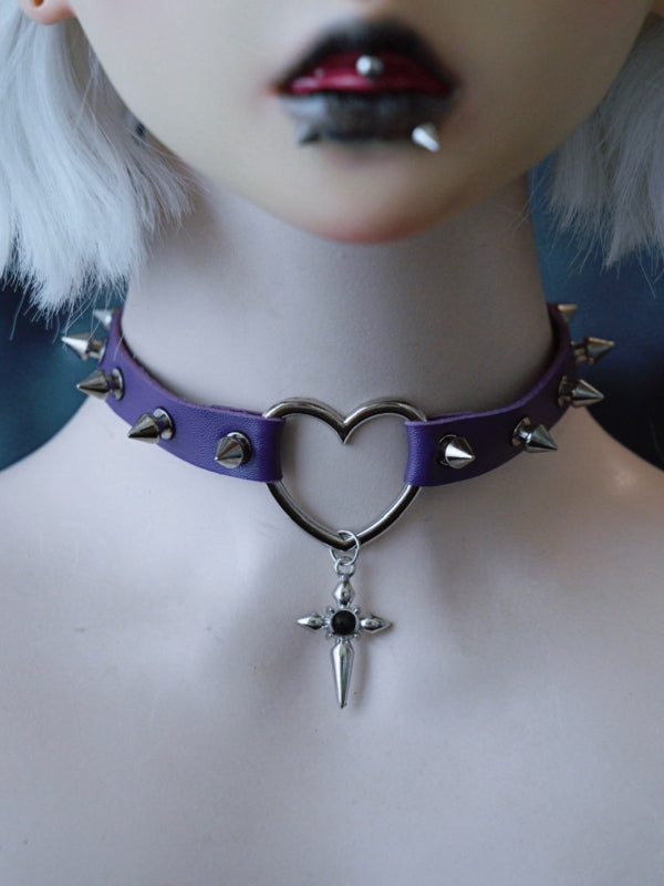 Details Studs Cross Heart Purple Gothic Pendant Choker