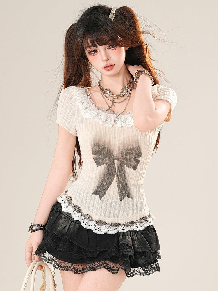 トリムTシャツ プリント 蝶結び デイリー レース かわいい ベージュ ニット