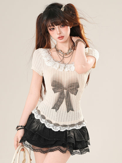 トリムTシャツ プリント 蝶結び デイリー レース かわいい ベージュ ニット