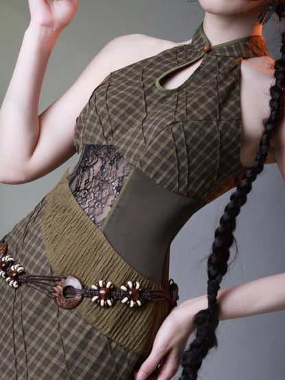 Modern Patchwork Qipao Long Dress with Plaid and Lace - sijinstudio