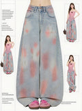 Casual Kawaii Wide-Leg Jeans with Pink Spray Print
