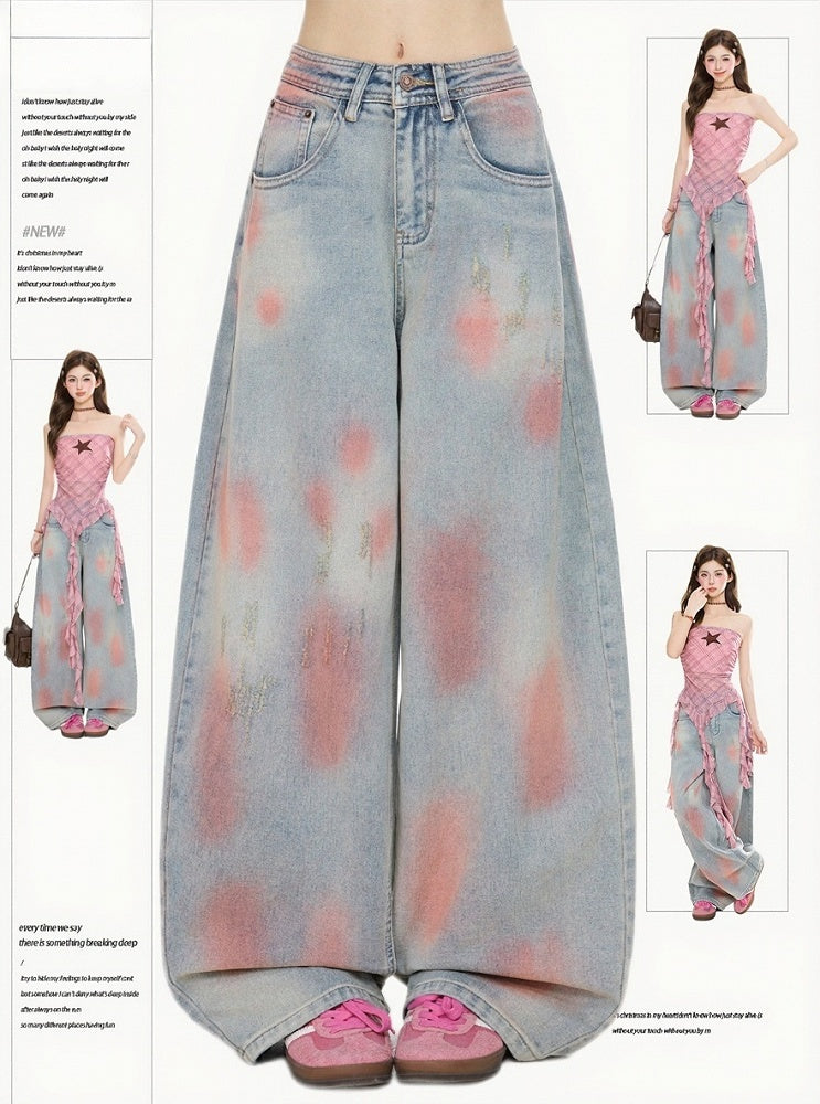 Casual Kawaii Wide-Leg Jeans with Pink Spray Print
