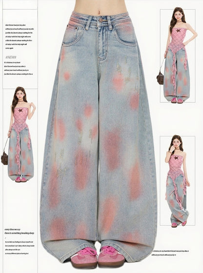 Casual Kawaii Wide-Leg Jeans with Pink Spray Print