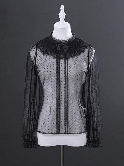 Polka Mesh Dot Sheer Collar Black Top Ruff