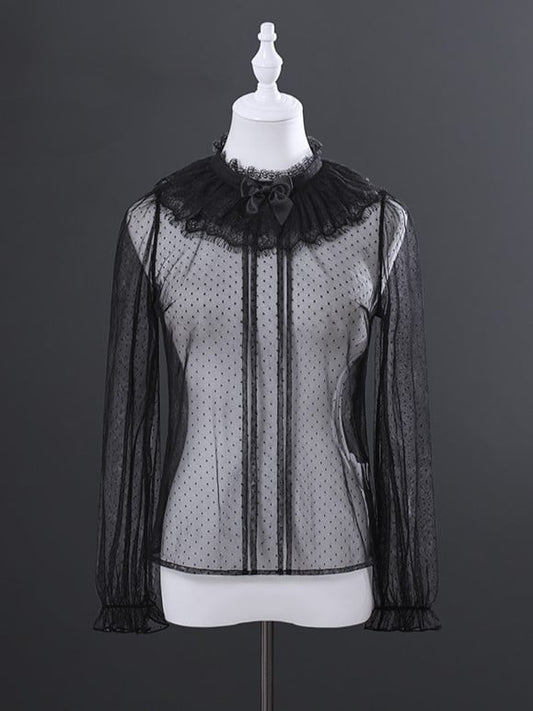 Polka Mesh Dot Sheer Collar Black Top Ruff