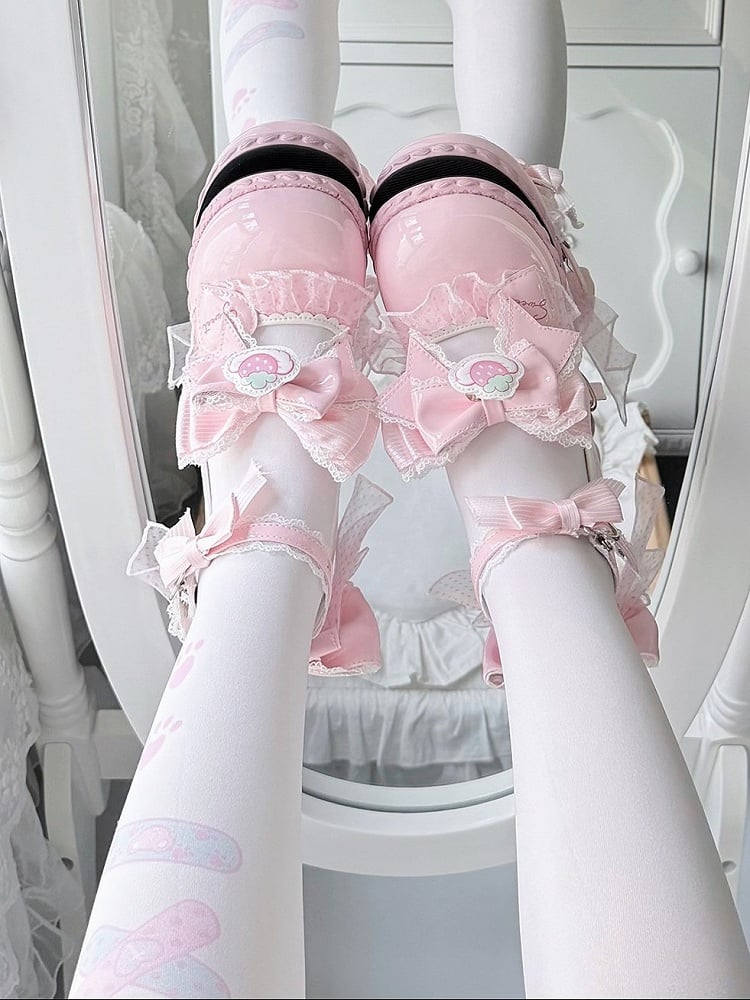 Strawberry Cream Theme Pink Lolita Shoes with Kawaii Heart & Bowknot Decor Heels - Cute Bunny
